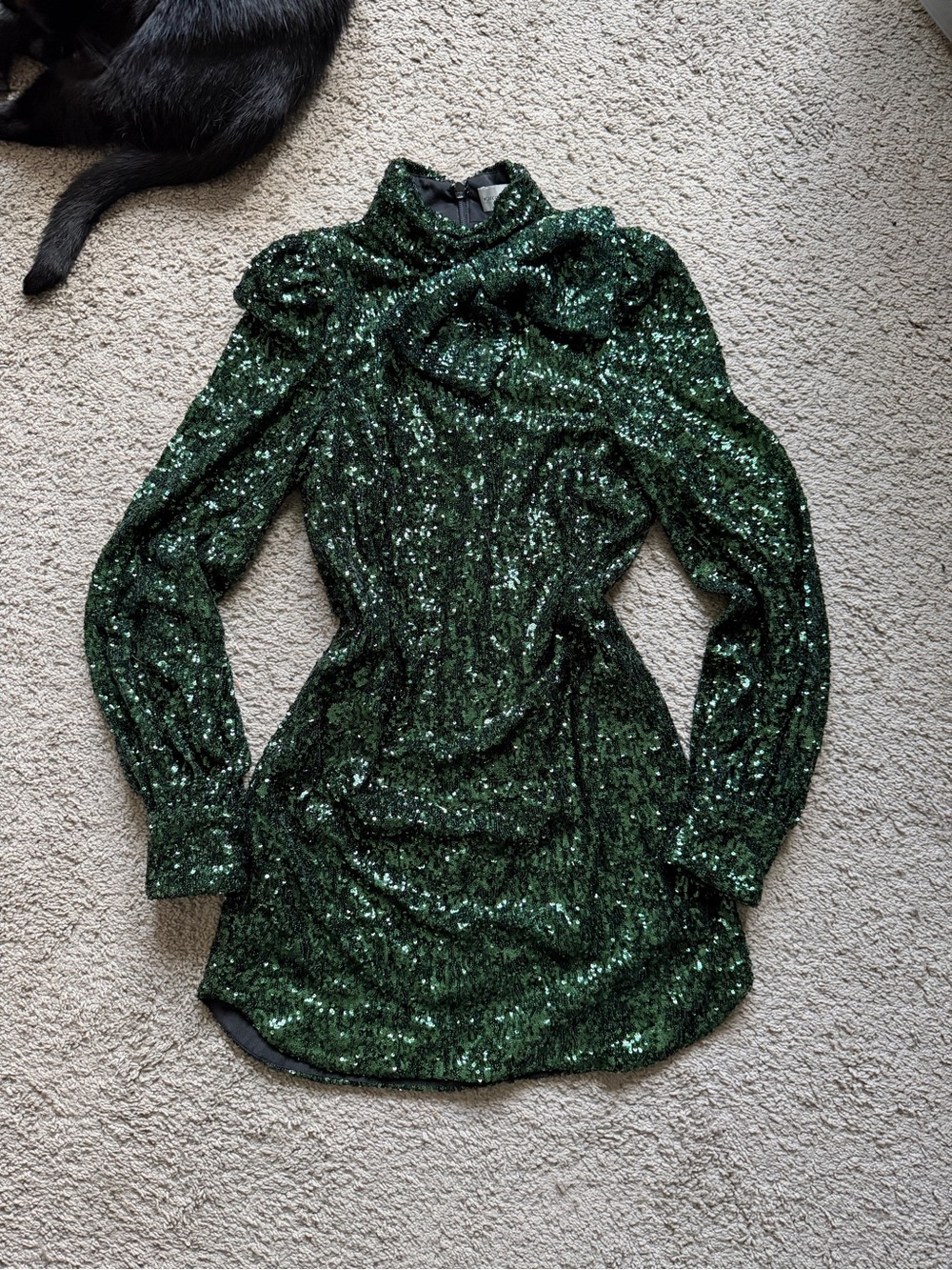 $630 REBECCA VALLANCE green bow-embellished sequin stretch-knit mini dress sz 2